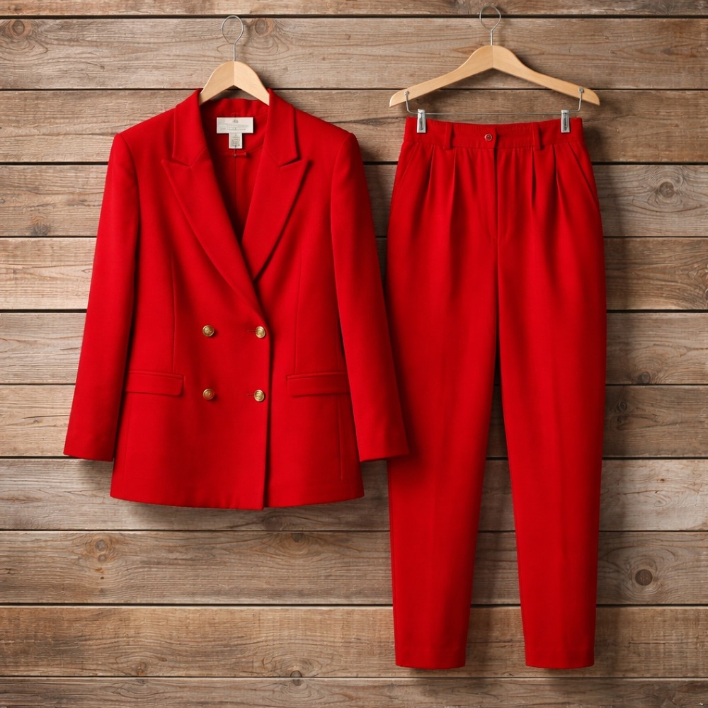 Worthington Petite 14 P Red Polyester Acetate Full Suit With Shoulder Pads